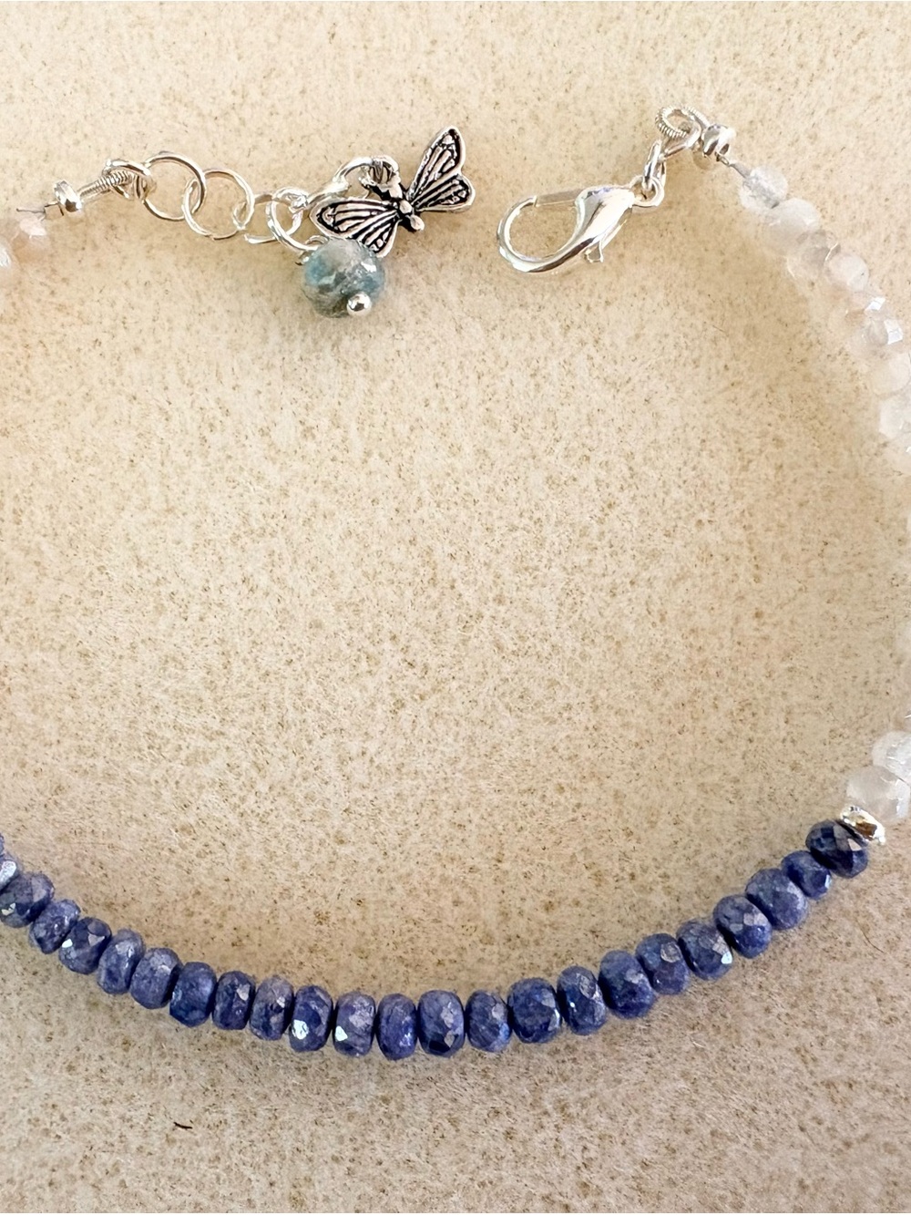 Blue Sapphire Beaded Bracelet with Silver Butterfly Accent